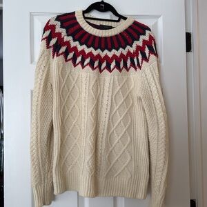J.CREW Sm Chunky Cable Knit Fair Isle Pullover Sweater. Ivory, Red, Navy Blue